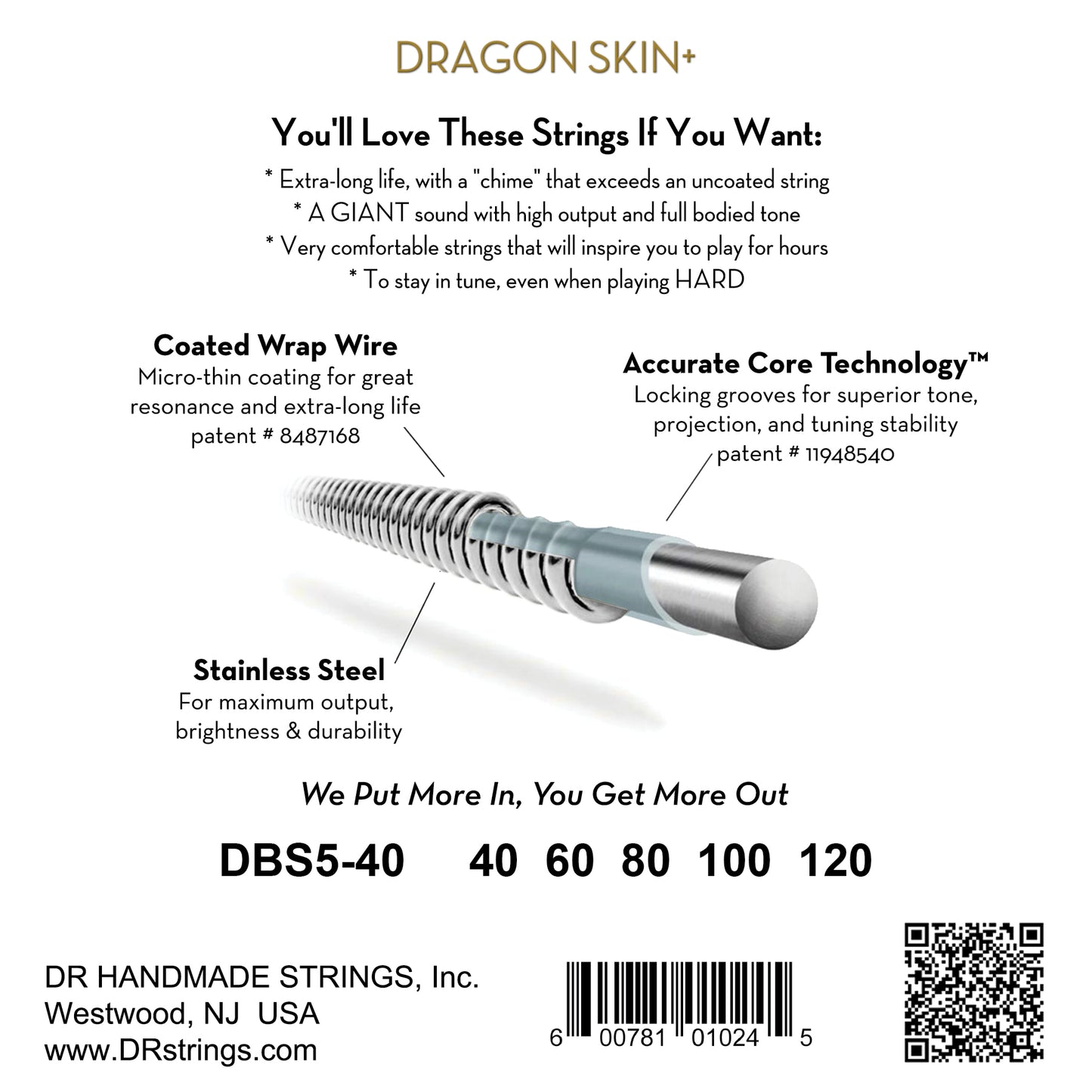 DR DBS5-40 DRAGON SKIN+ Steel Bass Strings, 5-String Light 40-120